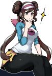  1girl :o bangs blue_eyes breasts bright_pupils brown_hair double_bun hair_behind_ear hair_bun highres long_hair looking_down masgamjya medium_breasts pantyhose pokemon pokemon_(game) pokemon_bw2 pokemon_masters_ex rosa_(pokemon) sitting solo sparkle thick_thighs thighs twintails v-shaped_eyebrows very_long_hair visor_cap white_pupils 