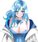  1girl blue_eyes blue_hair blush breasts cleavage detached_collar genderswap genderswap_(mtf) highres holostars holostars_english jacket leotard long_hair long_sleeves looking_at_viewer mouchu regis_altare simple_background solo straight-on virtual_youtuber white_background white_jacket 