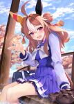  1girl animal_ears ashiyu breasts copano_rickey_(umamusume) double_bun fang hair_between_eyes hair_bun hair_ornament hamanashi_(trapiorra) highres horse_ears horse_girl horse_tail looking_at_viewer medium_breasts medium_hair school_uniform sitting sky solo tail tracen_school_uniform umamusume waving 