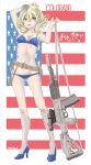  1girl absurdres alternate_costume american_flag artist_name assault_rifle bikini blonde_hair blue_bikini blue_footwear breasts character_name cleavage colorado_(kancolle) grey_eyes gun headgear high_heels highres holding holding_gun holding_weapon kantai_collection large_breasts looking_at_viewer open_mouth rifle short_hair sling solo swimsuit tada weapon 