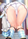  1girl amane_kanata angel_wings ass ass_focus bent_over cameltoe checkered_clothes checkered_legwear commentary_request facing_away feet_out_of_frame from_behind halo hololive indoors knees_together_feet_apart long_sleeves mini_wings miniskirt multicolored_hair paid_reward_available panties pleated_skirt rikatan short_hair skirt sleeves_past_wrists socks solo standing star_halo streaked_hair thighs trefoil underwear virtual_youtuber white_hair white_panties white_skirt white_wings wings 