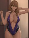  1girl bangs bare_shoulders black_one-piece_swimsuit blush bracelet breasts brown_hair center_opening choker cleavage collarbone commentary cowboy_shot english_commentary genshin_impact green_eyes hair_between_eyes highleg highleg_swimsuit highres indoors jewelry large_breasts lisa_(genshin_impact) long_hair looking_at_viewer navel one-piece_swimsuit purple_one-piece_swimsuit smile solo swimsuit thighs twitter_username two-tone_swimsuit zaphn 