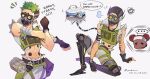  1boy 1girl absurdres annoyed apex_legends brown_eyes cable collarbone cropped_vest d.o.c._health_drone dark-skinned_female dark_skin english_text goggles green_hair green_vest grey_shorts headband headset highres lifeline_(apex_legends) male_focus mask mechanical_legs midriff mouth_mask multiple_views navel non-humanoid_robot octane_(apex_legends) red_hair robot shiro-hane shorts sitting speech_bubble squiggle stretching sweatdrop undercut vest white_headband 