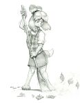  2022 animal_crossing anthro baron_engel bloom bottomwear canid canine canis clothed clothing dipstick_tail domestic_dog eyebrows female graphite_(artwork) greyscale hi_res isabelle_(animal_crossing) leaf looking_down mammal markings monochrome nintendo pencil_(artwork) shih_tzu skirt solo sweeping tail_markings toy_dog traditional_media_(artwork) video_games 