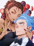  1boy 1girl animification apex_legends bangs black_bow black_bowtie black_dress black_shirt blue_eyes blue_hair bow bowtie braid breasts brown_eyes brown_hair cleavage collared_shirt dark-skinned_female dark_skin dress earrings fingernails food fruit gradient_hair grapes hair_behind_ear hand_on_another&#039;s_head holding holding_food holding_fruit jaime_(apex_legends) jewelry loba_(apex_legends) long_fingernails mixed-language_commentary multicolored_hair one_eye_closed red_hair red_nails shirt smile strawberry sweatdrop twin_braids watoma white_shirt 