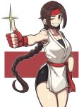  1girl ;) absurdres bike_shorts blush braid braided_ponytail brown_hair cowboy_shot dougi fingerless_gloves gloves grin headband highres long_hair looking_at_viewer masgamjya one_eye_closed red_background red_headband ryuuko_no_ken smile solo standing the_king_of_fighters thumbs_up two-tone_background white_background yuri_sakazaki 