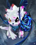  anthro bandai_namco bandanna black_claws black_sclera blue_fire claws colored_fire digimon digimon_(species) digimon_ghost_game enrique_mr_blue fire gammamon heterochromia horn kerchief male solo white_body yellow_eyes 