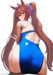 1girl ass back back_focus brown_hair competition_swimsuit daiwa_scarlet_(umamusume) highres horse_girl long_hair looking_back one-piece_swimsuit red_eyes ryoutarou skindentation solo swimsuit twintails umamusume v very_long_hair 