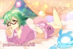  1girl animal_ears bangs bare_legs barefoot black-framed_eyewear blush commentary dolphin_shorts english_commentary feet feet_up fur_trim genshin_impact glasses green_hair highres long_sleeves looking_at_viewer lying midriff on_bed on_stomach pajamas patreon_username paw_print pillow pink_pajamas pink_shorts pom_pom_(clothes) rtil semi-rimless_eyewear short_hair shorts slime_(genshin_impact) smile solo sucrose_(genshin_impact) the_pose under-rim_eyewear yellow_eyes 