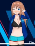  1girl absurdres artist_request bangs black_bra blue_eyes blue_jacket blue_shorts bra breasts brown_hair formula_one highres jacket large_breasts long_hair navel one_eye_closed personification shorts tongue tongue_out underwear williams_racing 