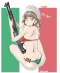  1girl absurdres artist_name ass border brown_hair bullet character_name crossed_legs from_behind gun headgear highres holding holding_bullet holding_gun holding_weapon italian_flag italian_flag_bikini kantai_collection looking_at_viewer roma_(kancolle) shotgun shotgun_shell sitting solo tada translation_request weapon white_border 