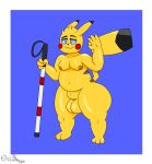  absurd_res animal_genitalia anthro balls blind chubby_cheeks clothing cosplay_pikachu_(costume) generation_1_pokemon genitals gesture hi_res male nintendo ori-dogg ori-doggo pikachu pokemon pokemon_(species) sheath slightly_chubby smile solo sparky_(ori-doggo) thick_thighs video_games walking_cane waving 