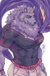  anthro bathym canid canine canis demon fur horn lifewonders male mammal muscular muscular_anthro muscular_male one_eye_closed pecs purple_body purple_fur smile solo tokyo_afterschool_summoners video_games wink wolf zinpatink_m 