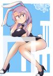  1girl animal_ears black_leotard bow bowtie carte detached_collar fake_animal_ears fishnets high_heels highres leotard long_hair pantyhose playboy_bunny rabbit_ears rabbit_tail reisen_udongein_inaba solo tail touhou unmoving_pattern 