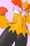  absurd_res animal_humanoid anthro blush bodily_fluids braixen breasts canid canine clitoris clothing digital_media_(artwork) embarrassed female fur generation_6_pokemon genital_fluids genitals hair hi_res humanoid inner_ear_fluff legwear lixten16 mammal nintendo nipples nude pokemon pokemon_(species) pussy simple_background smile solo thick_thighs tuft video_games wide_hips yellow_body yellow_fur 