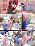  3d_background anthro blue_hair blush bodily_fluids canid canine canis cervid clothing comic controller diaper domestic_dog duo embarrassed fetimation genital_fluids genitals grey_body hair hi_res humiliation leash male male/male mall mammal penile penis pink_clothing pink_shirt pink_topwear public red_hair remote_control remote_controlled_vibrator sex_toy shirt sound topwear urine vibrator vibrator_on_penis wet_diaper wetting 