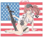  1girl absurdres american_flag ammunition_belt anchor_hair_ornament artist_name atlanta_(kancolle) breasts character_name cleavage closed_mouth garrison_cap grey_eyes grey_footwear gun hair_ornament handgun hat highres holster holstered_weapon kantai_collection large_breasts light_machine_gun looking_at_viewer m60 machine_gun midriff navel on_ground red_hair solo tada two-sided_fabric weapon 