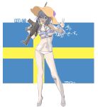  1girl absurdres alternate_costume artist_name blue_hair breasts character_name cleavage full_body gotland_(kancolle) green_eyes gun hat high_heels highres holding holding_gun holding_weapon kantai_collection medium_breasts medium_hair navel simple_background solo swedish_flag tada underboob v weapon white_background 