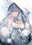  1girl absurdres asymmetrical_clothes bare_shoulders blue_eyes breasts breasts_apart covered_collarbone covered_navel dress elbow_gloves fur_trim gloves grey_dress grey_eyes grey_hair grin hair_between_eyes hat high_collar highres long_hair looking_at_viewer medium_breasts nanaponi original plunging_neckline sidelocks silver_dress simple_background smile solo upper_body very_long_hair witch witch_hat 
