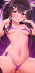  1girl bangs bare_shoulders bikini black_hair blush breasts brown_eyes cameltoe collarbone crotch fate/kaleid_liner_prisma_illya fate_(series) hair_ornament hairclip highres long_hair looking_at_viewer m-da_s-tarou miyu_edelfelt navel open_mouth purple_bikini sidelocks small_breasts solo swimsuit thighs twintails 