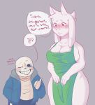  anthro barista bone bovid breasts caprine cleavage cleavage_overflow clothed clothing duo embarrassed female goat hi_res humanoid male male/female mammal nsfwbunniii one_eye_closed sans_(undertale) skeleton speech_bubble toriel undertale_(series) wink 