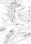  aircraft black_and_white cannon cloud comic crunch damaged_vehicle destruction dialogue english_text field kitfox-crimson knight_armor machine mecha monochrome mountain one_panel_comic onomatopoeia ranged_weapon shield sketch sky smash sound_effects speech_bubble surfing text weapon zero_pictured 