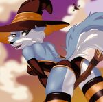  2022 absurd_res anthro artist_name big_tail breasts broom butt canid canine canis cleaning_tool clothing duo female flying fur halloween hat headgear headwear hi_res holidays illumination_entertainment looking_back magic_user mammal open_mouth porsha_crystal sing_(movie) solo_focus up1ter watermark witch witch_hat wolf yellow_eyes 