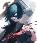  1girl armor bangs black_coat blood blood_on_face blue_eyes blue_hair breasts byleth_(fire_emblem) byleth_(fire_emblem)_(female) coat fire_emblem fire_emblem:_three_houses hair_between_eyes highres holding holding_sword holding_weapon itou_(very_ito) large_breasts long_sleeves looking_at_viewer medium_hair solo standing sword sword_of_the_creator weapon 