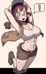 ! 1girl abs absurdres armpits arms_behind_head arms_up bangs baseball_cap belt belt_buckle belt_pouch black_belt black_footwear breasts brown_eyes brown_hair brown_shorts buckle cleavage crop_top fio_germi glasses hat highres knee_pads large_breasts masgamjya metal_slug midriff navel open_clothes open_mouth open_vest pouch round_eyewear shirt short_shorts shorts sleeveless sleeveless_shirt solo spoken_exclamation_mark sweatdrop toned vest white_shirt 