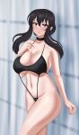 1girl bangs bare_shoulders black_hair blush breasts choker cleavage collarbone gudakoguda highres large_breasts long_hair looking_at_viewer open_mouth red_eyes sidelocks solo spy_x_family swimsuit thighs yor_briar 