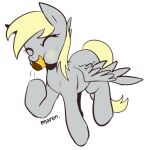  2015 blonde_hair cutie_mark derpy_hooves_(mlp) digital_media_(artwork) eating equid equine eyes_closed feathered_wings feathers female feral flying food friendship_is_magic grey_body grey_feathers hair hasbro mammal marenlicious muffin my_little_pony pegasus signature simple_background solo white_background wings yellow_tail 