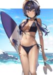  1girl absurdres bangs beach bikini black_bikini black_hairband blue_eyes blue_sky blush breasts candace_(genshin_impact) closed_mouth collarbone commentary_request dark-skinned_female dark_skin day genshin_impact hair_ornament hairband heterochromia highres holding holding_clothes holding_footwear holding_surfboard navel o-ring o-ring_bikini o-ring_top ocean outdoors short_hair_with_long_locks side-tie_bikini_bottom sky solo standing stomach surfboard swimsuit thighlet xkirara39x yellow_eyes 