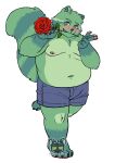 4_toes 5_fingers absurd_res anthro bent_arm bent_legs blush bottomwear claws clothing feet fingers flower flower_in_mouth fred_(fredrick_brennan) fur green_body green_fur hi_res holding_flower holding_object holding_rose looking_at_viewer maaudaan_tg male mammal navel nipples one_leg_up overweight overweight_anthro overweight_male pawpads plant procyonid raccoon raised_leg rose_(flower) rose_in_mouth shorts solo teeth toes 