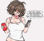  1girl ahoge aki_(snale) black-framed_eyewear black_nails breasts brown_eyes brown_hair can cellphone cleavage coca-cola collarbone doughnut english_text food food_in_mouth glasses highres holding holding_can holding_phone large_breasts looking_away messy_hair mouth_hold original phone short_hair smartphone snale solo speech_bubble tank_top 