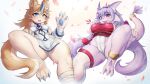  2022 3_toes 4_fingers absurd_res anthro aruri blue_eyes blush breast_size_difference breasts camel_toe canid canine claws clothed clothing cute_fangs digital_media_(artwork) dragon duo feet female female_anthro finger_claws fingers fur hair happy healingpit hi_res hybrid kemono looking_at_viewer mammal open_mouth pawpads pink_eyes smile smiling_at_viewer toe_claws toes tongue 