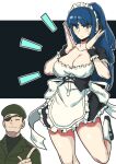  1boy 1girl absurdres alternate_costume apron black_dress black_footwear blue_eyes blue_hair breasts cleavage closed_eyes drakeposting_(meme) dress enmaided eyepatch father_and_daughter frilled_dress frills frown hat heidern highres huge_breasts kneehighs leg_up leona_heidern long_hair maid maid_apron maid_headdress masgamjya meme military military_hat military_uniform notice_lines ponytail short_dress short_sleeves simple_background smug snk_heroines:_tag_team_frenzy socks solo_focus the_king_of_fighters uniform white_background wrist_cuffs 