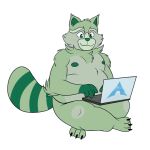  2021 3_toes 4_fingers animated anthro bent_arm claws computer digital_media_(artwork) feet fingers fred_(fredrick_brennan) fur green_body green_fur helensan logo male mammal markings navel nipples nude overweight overweight_anthro overweight_male procyonid raccoon scratching scratching_belly sitting solo striped_body striped_fur striped_markings striped_tail stripes tail_markings toe_claws toes typing 