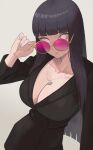  1girl black_hair breasts cleavage coat glasses highres hyuuga_hinata jewelry large_breasts long_hair looking_at_viewer naruto_(series) naruto_shippuuden necklace niwatori5948 pink_eyes pink_nails round_eyewear standing 