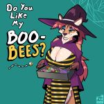  absurd_res anthro arachnid arthropod bee big_breasts breasts candy canid canine canis clothed clothing costume curvy_figure dessert domestic_dog female fluffy food fox foxinuhhbox fur halloween hat headgear headwear hi_res holidays humor hymenopteran insect joke magic_user mammal october or pun question spider text treat trick witch 