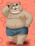  2022 anthro belly big_belly blush brown_body canid canine canis clothing domestic_dog eyes_closed humanoid_hands kemono male mammal moobs navel nipples overweight overweight_male solo toshi_(artist) underwear 