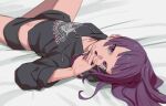  1girl bangs bed_sheet black_hood black_shorts blurry covering_mouth depth_of_field hair_ornament hairclip highres holding holding_hair idolmaster idolmaster_shiny_colors jichi long_hair long_sleeves lying midriff on_back purple_eyes purple_hair shorts solo tanaka_mamimi 