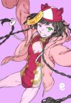  arms_up black_hair braid breasts chinese_clothes colored_skin cowboy_shot embroidery gold_trim green_eyes grin haimura_kiyotaka highres jacket jiangshi magatama niang-niang ofuda one_eye_closed pink_jacket purple_background purple_skin red_headwear red_one-piece_swimsuit simple_background sleeves_past_fingers sleeves_past_wrists small_breasts smile swimsuit toaru_majutsu_no_index toaru_majutsu_no_index:_new_testament twin_braids undead 