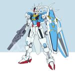  chinese_commentary clenched_hand fusion g-self gun gundam gundam_aerial gundam_g_no_reconguista gundam_suisei_no_majo holding holding_gun holding_weapon langbazi mecha no_humans robot science_fiction shield solo standing v-fin watermark weapon yellow_eyes 