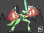  anthro claws dragon gamesfan green_body green_scales green_tail green_wings holding_object holding_weapon lightsaber markings melee_weapon open_wings red_eyes red_wings scales signature solo spikes spikes_(anatomy) star_wars weapon wings 