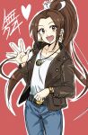  1girl :d absurdres belt blue_pants brown_eyes brown_hair brown_jacket casual earrings heart highres jacket jewelry long_hair necklace pants ponytail red_background shiranui_mai shirt simple_background smile solo tennzikiyu the_king_of_fighters watch white_shirt wristwatch 