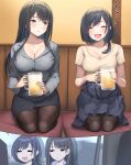  2girls alcohol bangs beer beer_mug black_hair black_pantyhose black_skirt blush breasts brown_shirt cleavage closed_eyes collared_shirt commentary_request cup grey_eyes grey_shirt highres jewelry kneeling large_breasts long_hair long_sleeves looking_at_another mug multiple_girls necklace office_lady open_mouth original pantyhose shirt shirt_tucked_in short_sleeves shougun_(chuckni1) skirt smile 