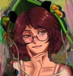  1girl :3 animal_ears bangs brown_eyes brown_hair brown_shirt futatsuiwa_mamizou glasses hand_on_own_chin highres leaf leaf_on_head lips looking_at_viewer painting_(medium) raccoon_ears raccoon_girl shirt short_hair smile solo touhou traditional_media upper_body watercolor_(medium) xiowon 