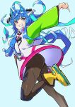  1girl absurdres ahoge animal_ears aqua_hair arm_up bangs black_bodysuit black_ribbon blue_eyes blue_hair bodysuit boots commentary from_side grin hair_ribbon heterochromia highres horse_ears horse_girl horse_tail index_finger_raised kurokawa_heuy leaning_forward leg_up long_hair long_sleeves looking_at_viewer messy_hair multicolored_coat multicolored_hair open_mouth purple_eyes ribbon sharp_teeth smile solo standing standing_on_one_leg stuffed_animal stuffed_bunny stuffed_toy tail teeth twin_turbo_(umamusume) two-tone_hair umamusume white_ribbon yellow_footwear 