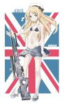  1girl absurdres ai_arctic_warfare artist_name blonde_hair bolt_action breasts character_name full_body green_eyes grey_footwear gun hat highres holding holding_gun holding_weapon jervis_(kancolle) kantai_collection long_hair looking_at_viewer pleated_skirt rifle skirt small_breasts sniper_rifle solo tada union_jack weapon white_headwear 