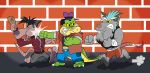  2021 alligator alligatorid angry anthro bottomwear brok_(character) brok_the_investigator clothing crocodilian dart_(brok_the_investigator) feet fight green_body grey_body group hi_res humanoid_hands jollyville kins_(brok_the_investigator) male mammal murid murine pants punch rat reptile rodent scalie shirt shorts topwear video_games 